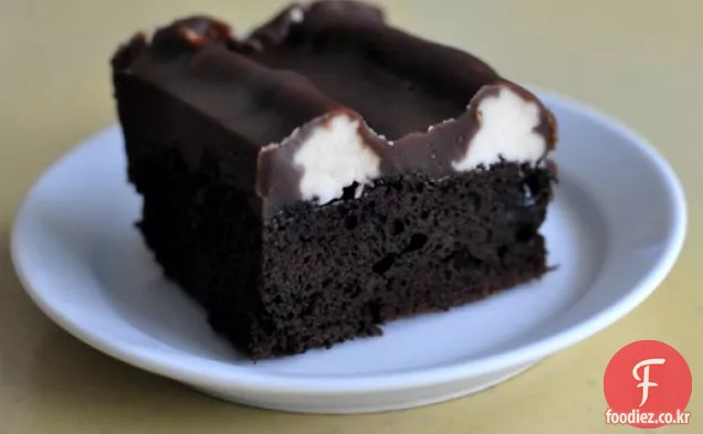 울퉁불퉁 한 케이크(바닐라 버터 크림과 초콜릿 퍼지가 들어간 초콜릿 케이크)