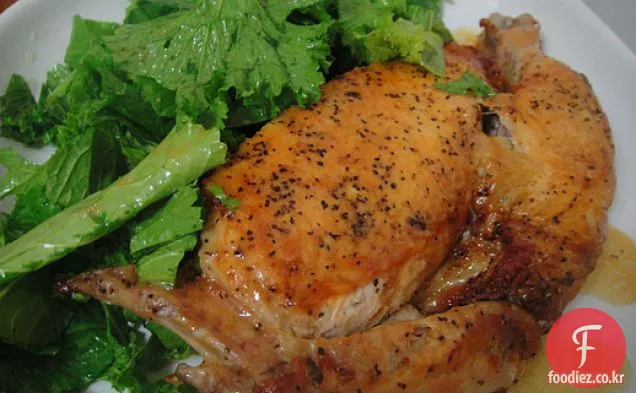 책을 요리하십시오:겨자 채소를 가진 벽돌 닭
