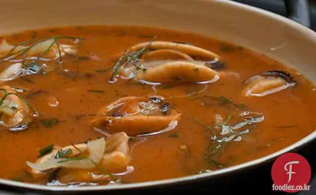 홍합과 회향을 곁들인 구운 토마토 수프