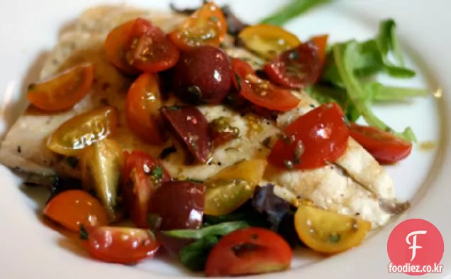 오늘 저녁 식사:토마토와 타라곤 비네 그레트를 곁들인 구운 흰살 생선 샐러드