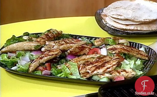그리스 구운 닭고기와 야채 샐러드와 따뜻한 피타 빵 포장